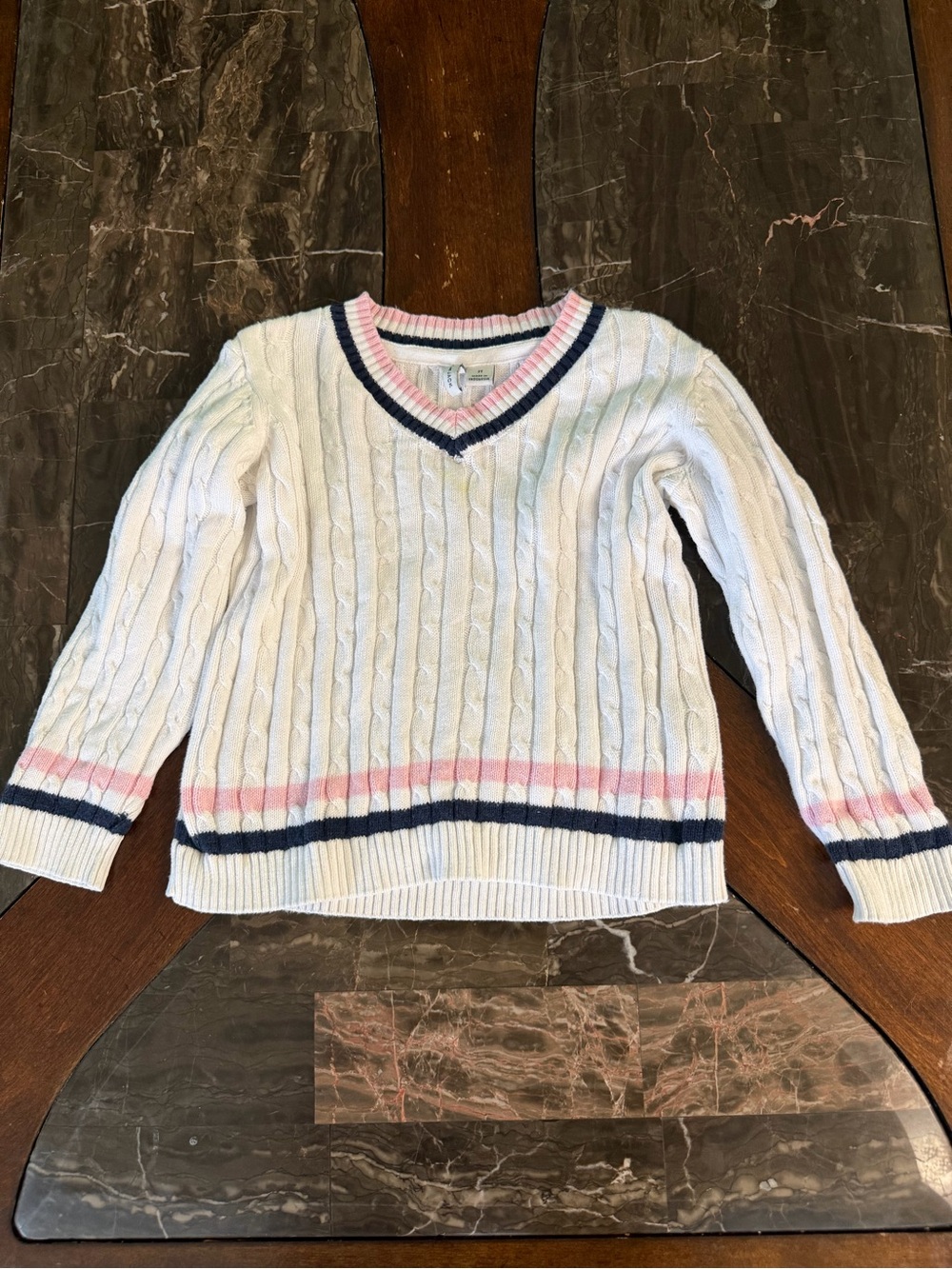 Janie and Jack White Cable-Knit V-Neck Sweater with Pink & Navy Stripes